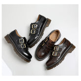 Retro-Leder-Loafer mit rundem Kopf und doppelter Schnalle